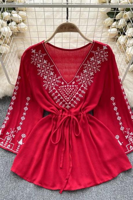 Womens Red Embroidered V-neck Tie Waist Blouse
