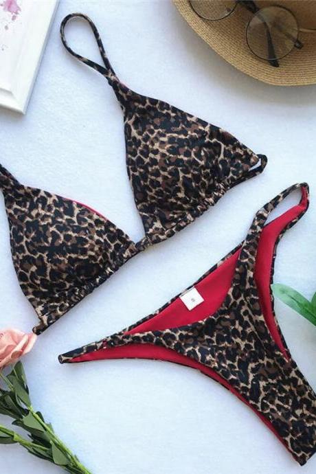 Womens Leopard Print Bikini Set Swimwear Adjustable Straps