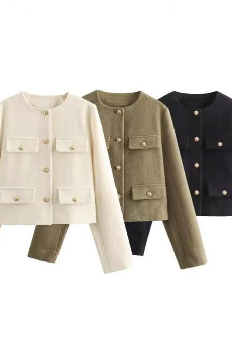 Womens Elegant Buttoned Wool Blend Jacket Trio