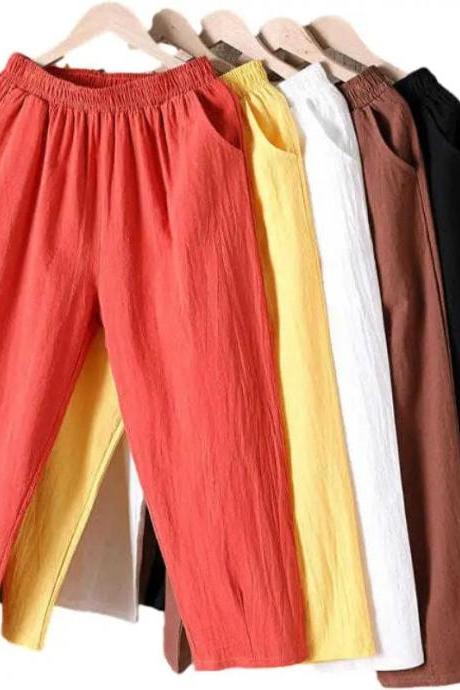 Casual Elastic Waist Solid Color Cotton Linen Pants