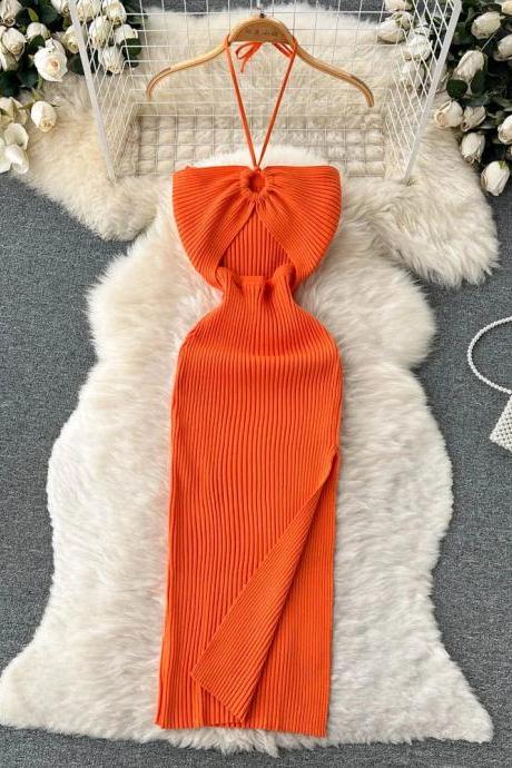 Elegant Orange Ribbed Halter Neck Maxi Dress
