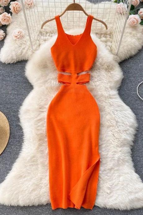 Elegant Orange Sleeveless Cut-out Midi Dress For Women