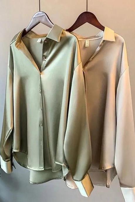 Elegant Satin Silk Button-up Casual Womens Blouse