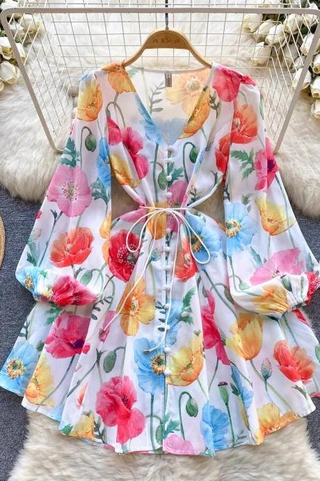 Womens Floral Print V-neck Summer Beach Dress