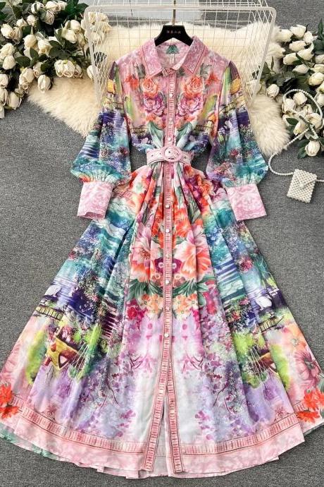 Womens Floral Print Belted Vintage A-line Maxi Dress