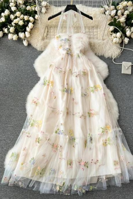 Elegant Floral Embroidered Tulle Gown With Layered Skirt