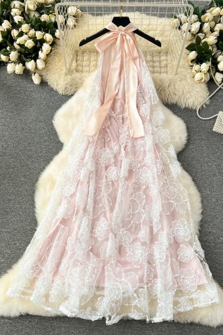 Elegant Pink Lace Halter Neckline Evening Gown Dress