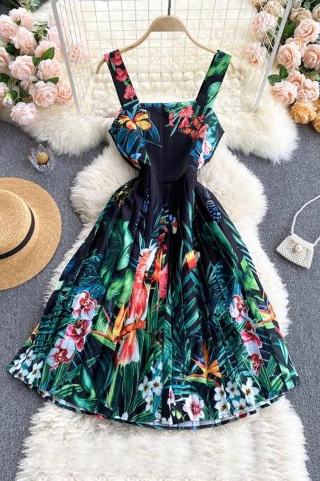 Tropical Print Sleeveless A-line Summer Dress Women