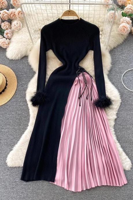 Elegant Long-sleeve Pleated Skirt Dress With Fur Accents