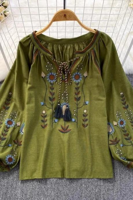 Bohemian Embroidered Tassel Tie-neck Womens Blouse Green