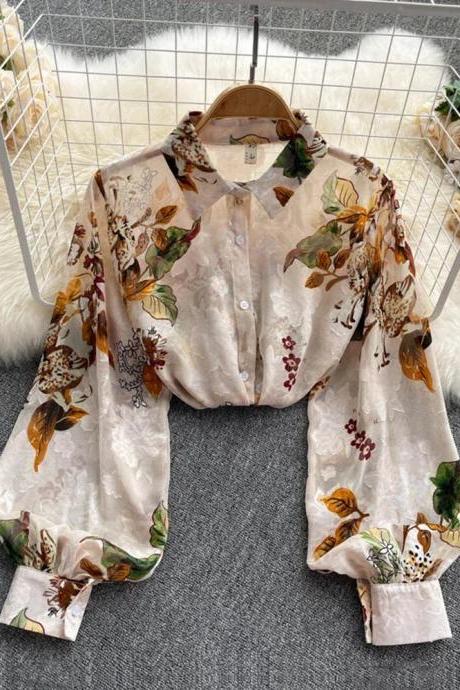 Womens Floral Print Sheer Chiffon Button-up Blouse