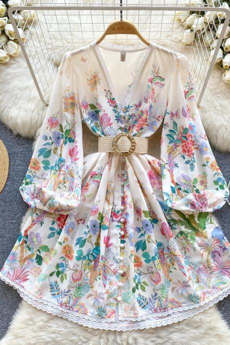 Bohemian Floral Print V-neck Belted Summer Mini Dress