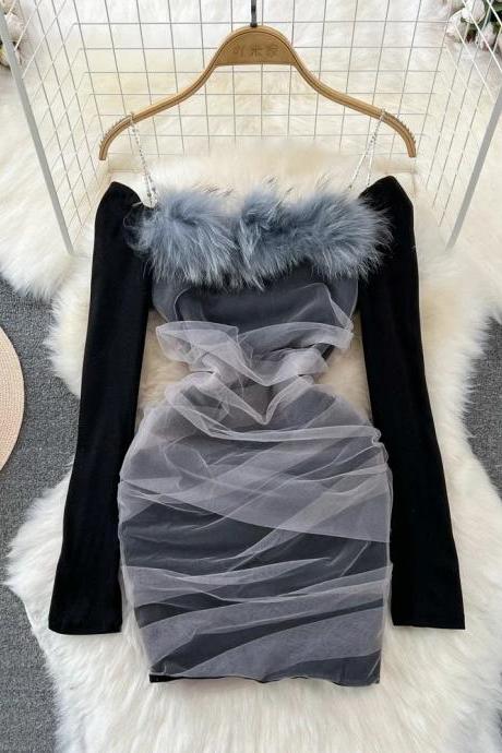 Elegant Long-sleeve Dress With Faux Fur Trim