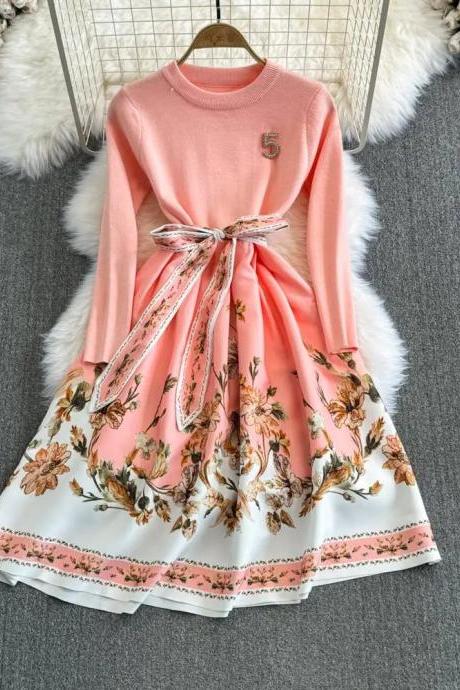 Girls Long Sleeve Floral Skirt Dress With Belt
