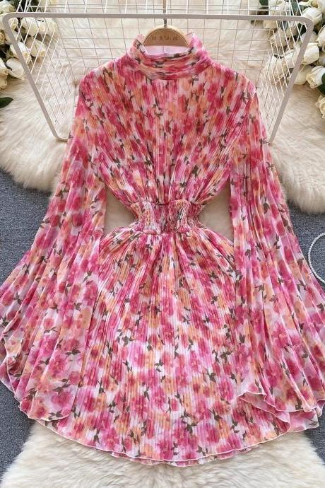 Womens Floral Pleated High Neck Chiffon Dress