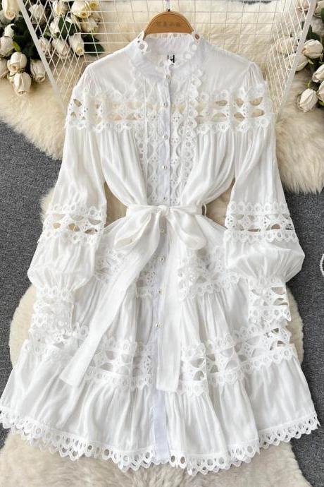 Elegant Long Sleeve Lace White Blouse With Bow