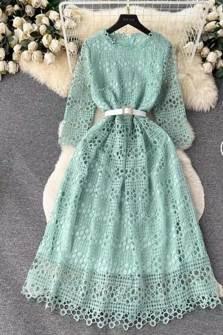 Elegant Mint Green Lace Midi Dress With Belt