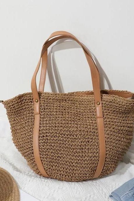 Chic Woven Straw Tote Bag With Faux Leather Straps