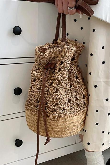 Handwoven Straw Drawstring Bucket Bag With Leather Strap