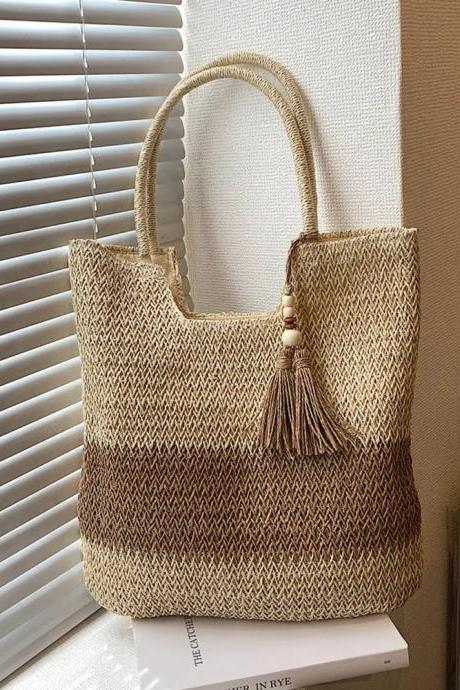 Eco-friendly Woven Straw Tote Bag With Tassel Accent