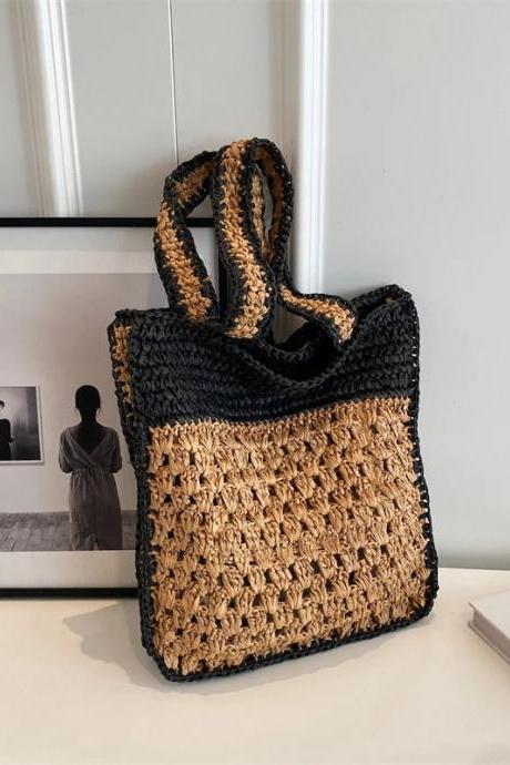 Handwoven Two-tone Straw Tote Bag With Dual Handles