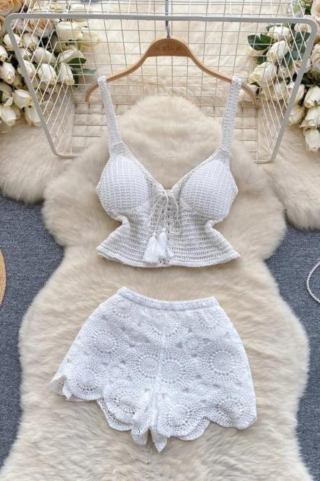 Womens Crochet Lace Bralette And Shorts Pajama Set