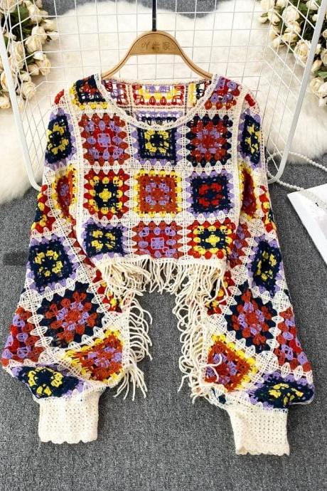 Bohemian Crochet Tassel Poncho Colorful Floral Pattern Knitwear