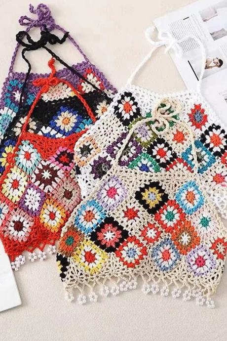Handmade Bohemian Crochet Tote Bag With Floral Design