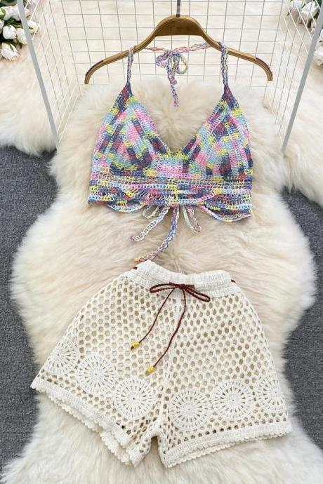 Boho Crochet Halter Top With Matching Shorts Set