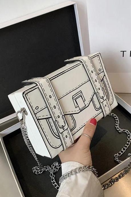 Chic Black And White Sketch Print Chain Shoulder Bag