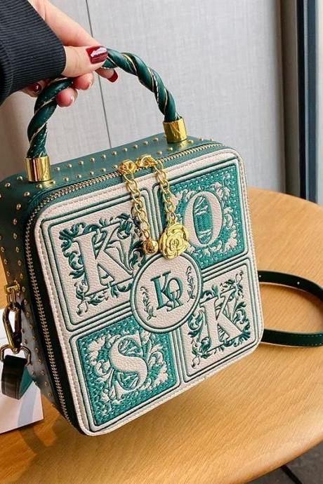 Vintage Embroidered Box Handbag With Golden Accents