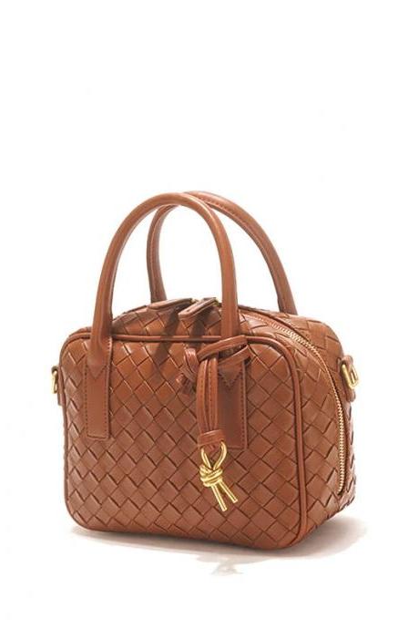 Elegant Woven Leather Satchel Handbag With Tassel Detail