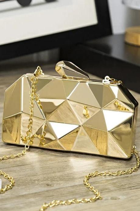 Geometric Gold Clutch Evening Bag With Chain Strap