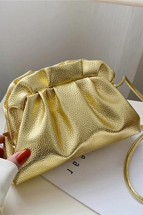 Womens Gold Metallic Pleated Clutch Evening Bag