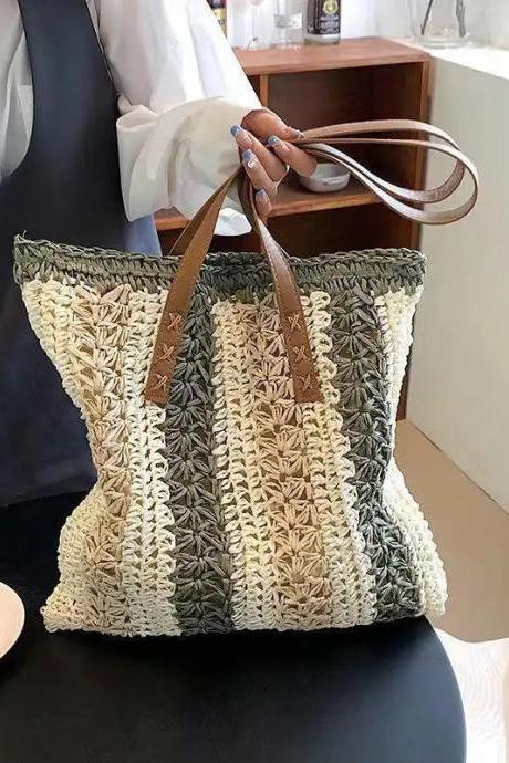 Handwoven Multicolor Tote Bag With Leather Handles