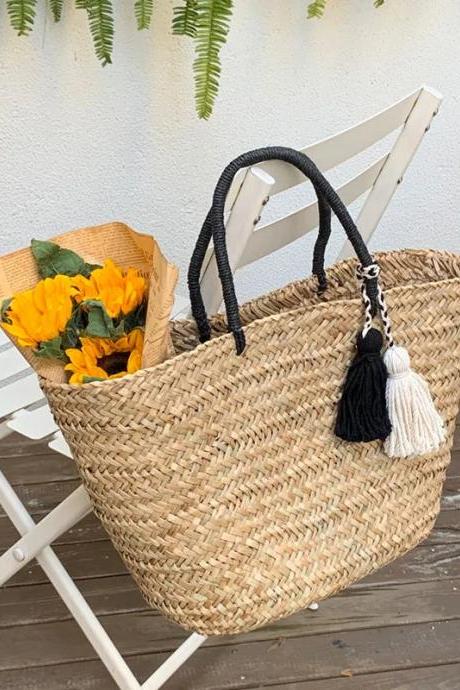 Handwoven Straw Tote Bag With Tassel Charm, Large