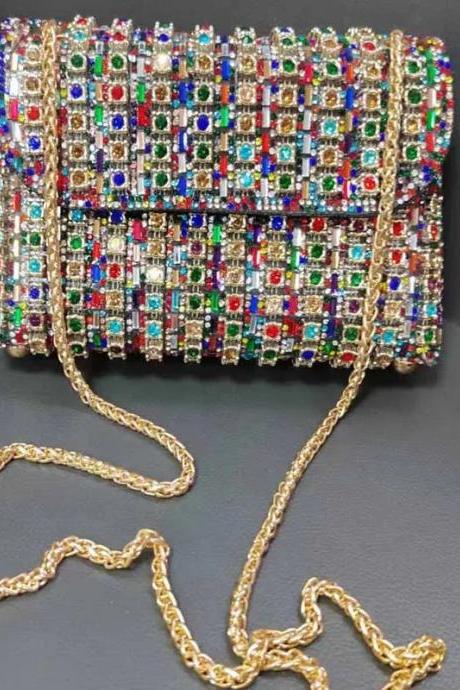 Multicolor Crystal Embellished Clutch Purse With Chain Strap