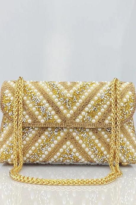 Luxury Pearl Embellished Gold Clutch Evening Bag