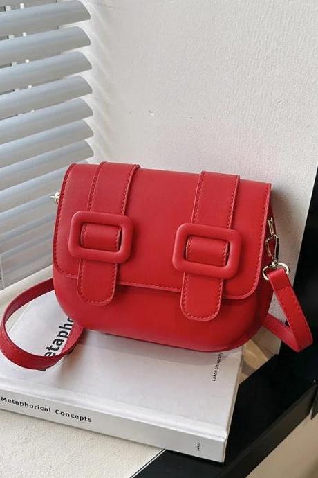 Chic Red Leather Crossbody Bag With Square Buckles