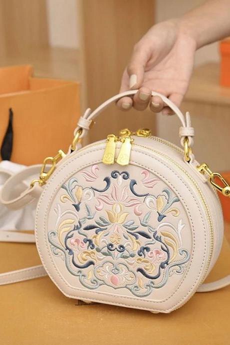 Embroidered Floral Round Crossbody Bag With Detachable Strap