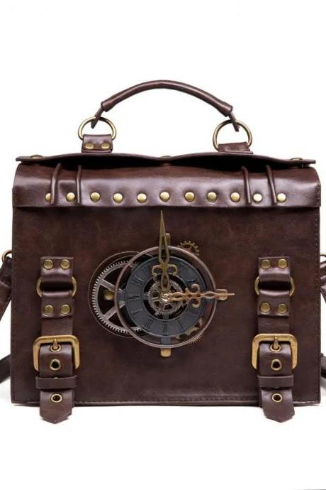 Vintage Leather Steampunk Satchel With Clock Mechanism