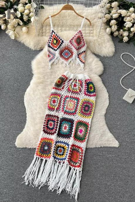 Handmade Crochet Bikini Top And Skirt Set With Fringes