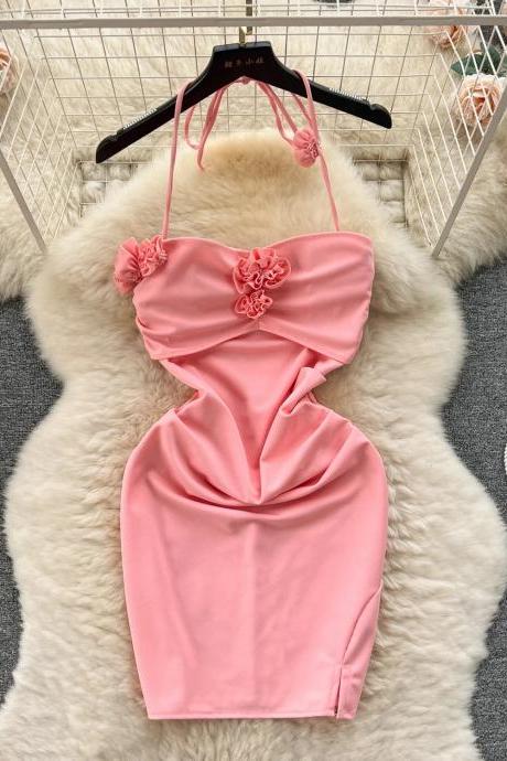 Elegant Pink Ruched Dress With Floral Appliqué Details