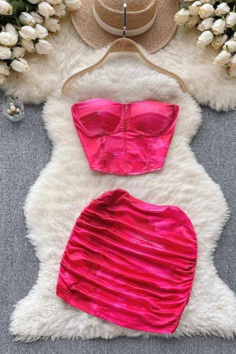 Womens Pink Satin Two-piece Skirt Set