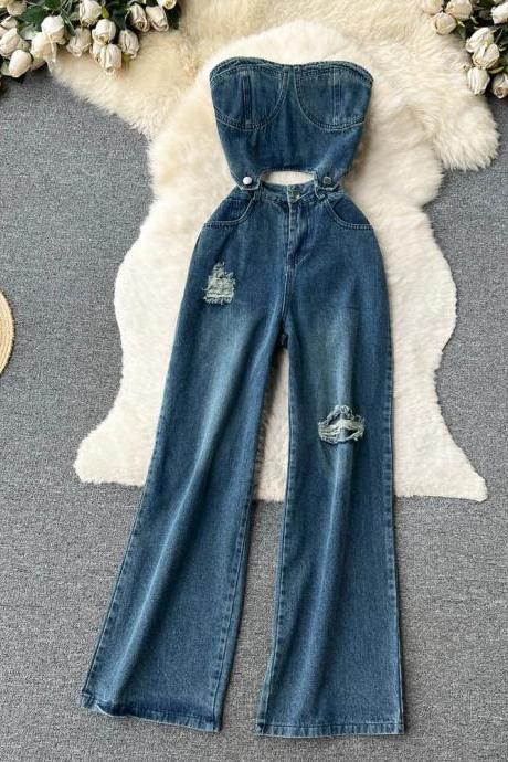 Womens High-waisted Distressed Denim Overalls With Wide Legs