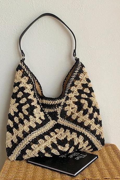 Bohemian Style Black And Beige Crochet Shoulder Bag