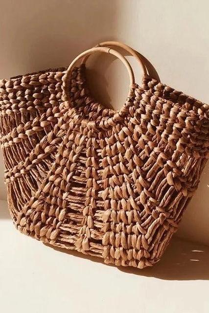 Handwoven Rattan Tote Bag With Round Handles