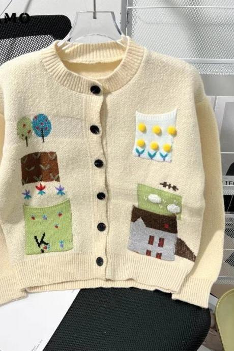 Whimsical Patchwork Cardigan With Unique Embroidery Designs