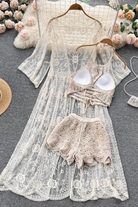 Boho Lace Cover-up With Crochet Bikini And Hat Set
