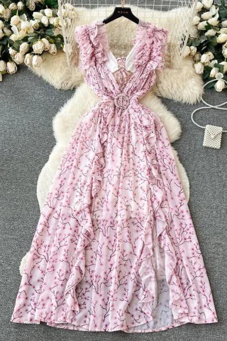 Womens Floral Ruffle Sleeve V-neck Maxi Dress Pink
